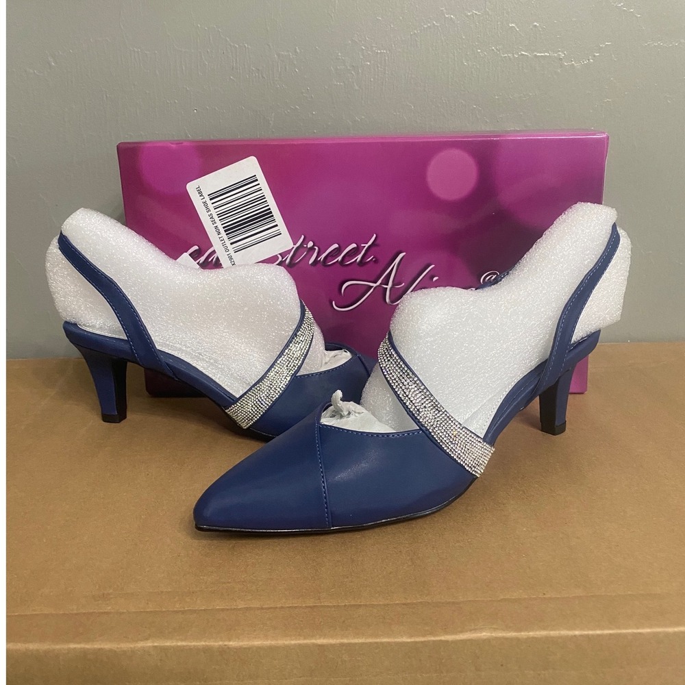 Easy Street Alive 5 Emerald Navy Blue Rhinestone Slingback Kitten Heel Pumps 7M